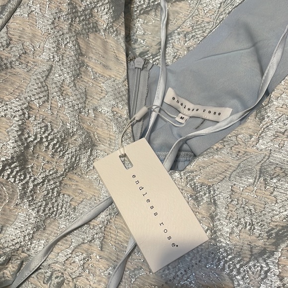 Puff Sleeve Jacquard Silver Blue Dress - Picture 10 of 13